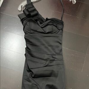 Betsy & Adam Black Satin One-Shoulder Dress